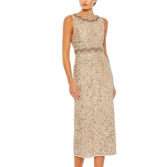 MAC DUGGAL 10739 Sleeveless High Neck Midi Dress Size 6 in Gold MSRP: $398 - Picture 2 of 10